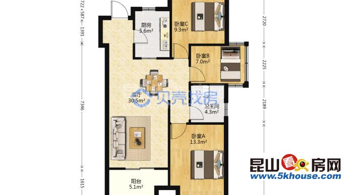 公元壹號 188萬 3室2廳1衛(wèi) 毛坯 ,住家毛坯 有鑰匙帶您看