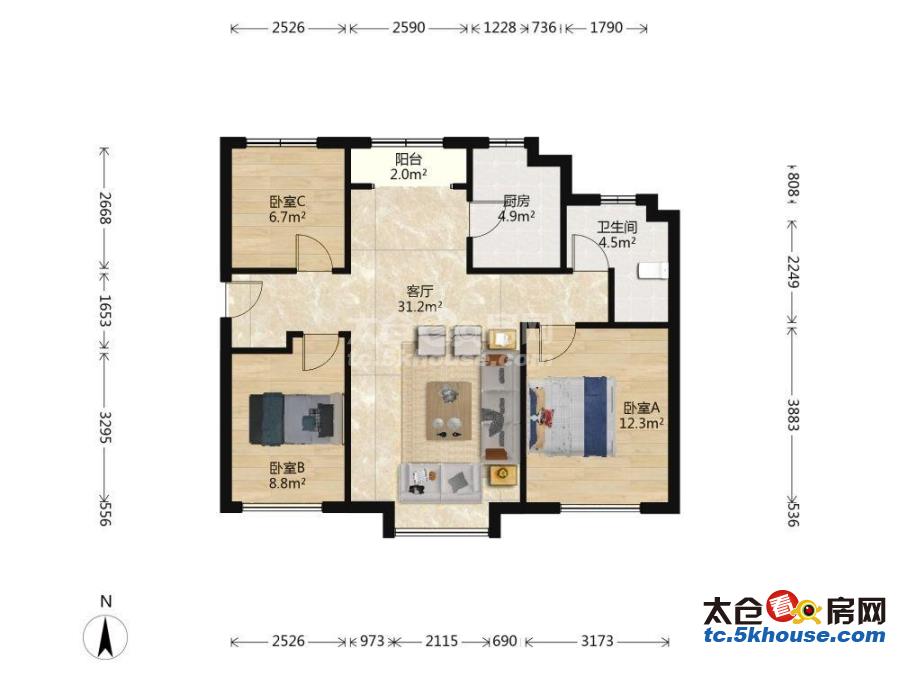 金仓华府 40万 3室2厅1卫 精装修大型社区居家