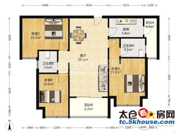 梅园小区 109万 3室2厅2卫 精装修 阔绰客厅超大阳台身份象征价格堪比毛坯房