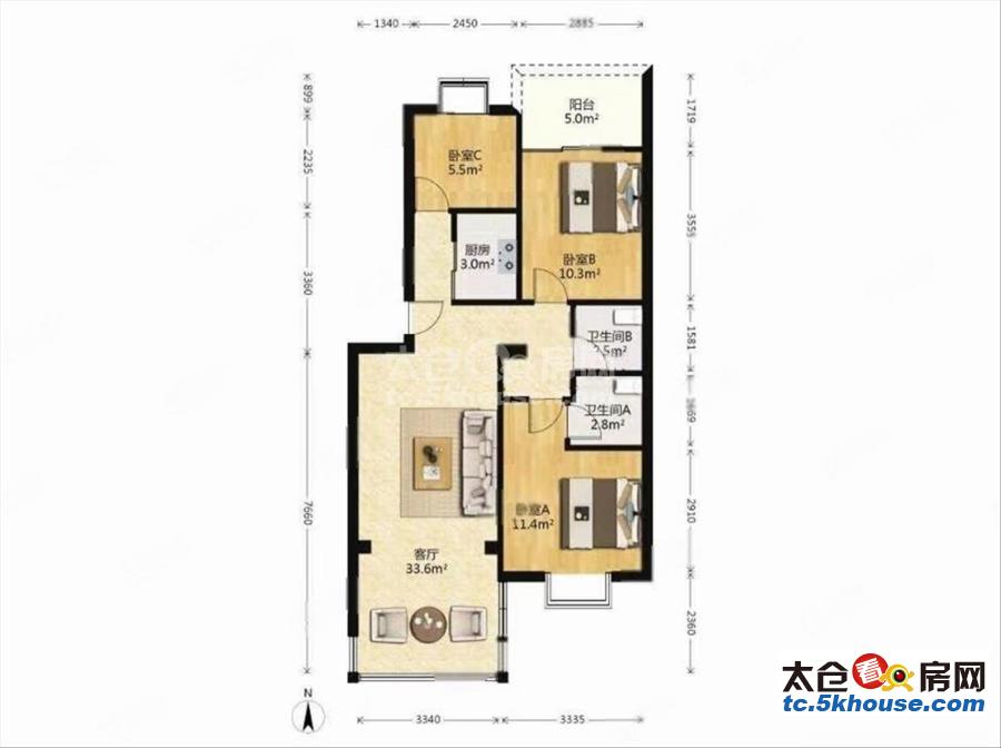 业主诚心出售复游城 90万 3室2厅2卫 精装修急