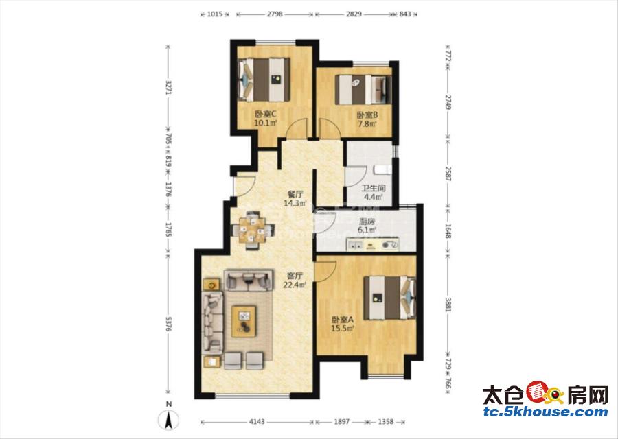 津华园 22万 3室2厅1卫 精装修超好的地段住家舒适