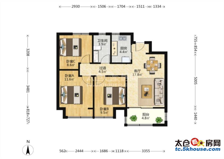 童赋苑 68万 3室2厅1卫 精装修 成熟社区交通便利有钥匙