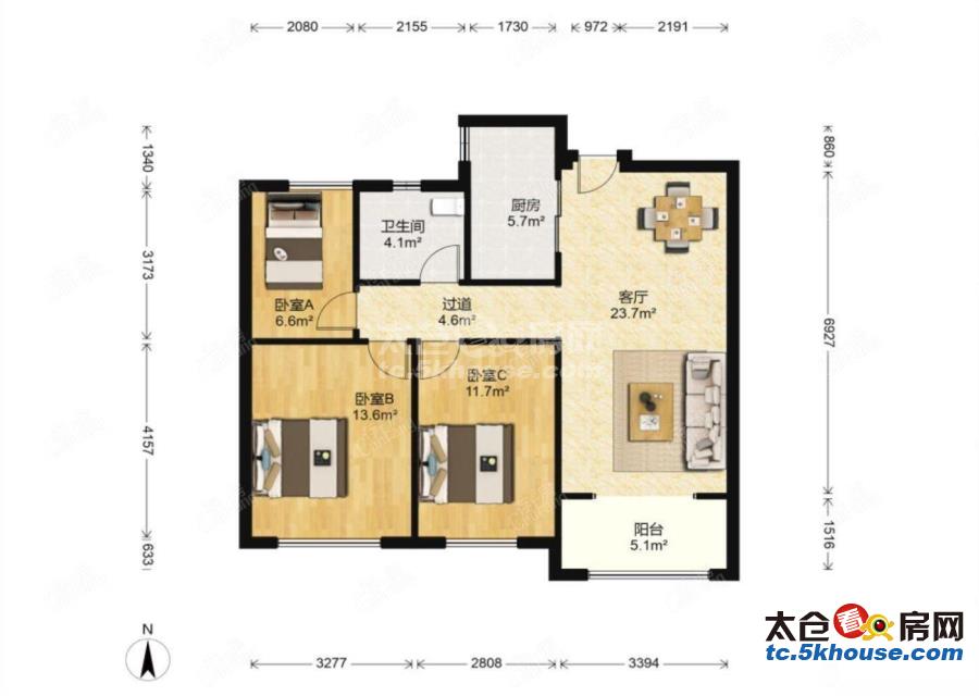 太仓新湖配套成熟南洋广场5km交通方便精装修三房家具家电齐全