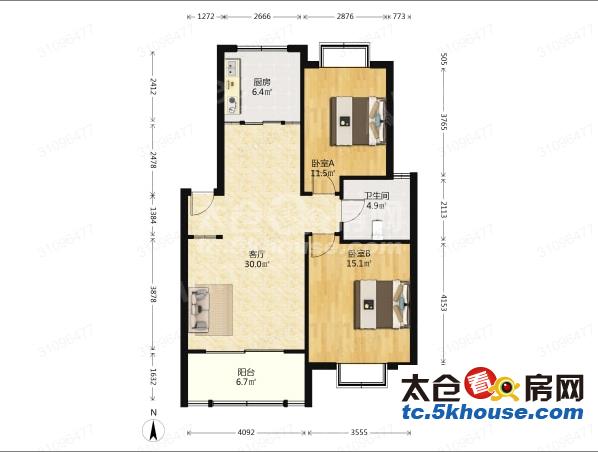 华源上海城 2100元月 2室2厅1卫精装修 家具电器齐全非常干净