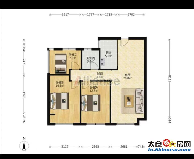 高尔夫鑫城 148万 3室2厅1卫 毛坯 南北通透户型